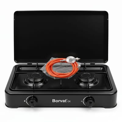 Borvat® Gasstel 2 Pits – Compact kooktoestel voor – Krachtige gaskookplaat – Ruimtebesparend ontwerp-incl. 1.5 m Gasslang en drukregelaar - drukregelaar 50 mbar-Zwart