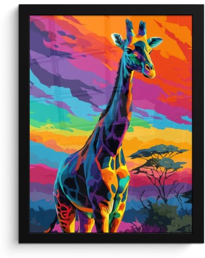 Poster in lijst - Fotolijst 30x40 cm - Posters - Giraffe - Savanna - Lucht - Gekleurd - Posterlijst zwart - Decoratie - Wanddecoratie woonkamer - Muurdecoratie slaapkamer