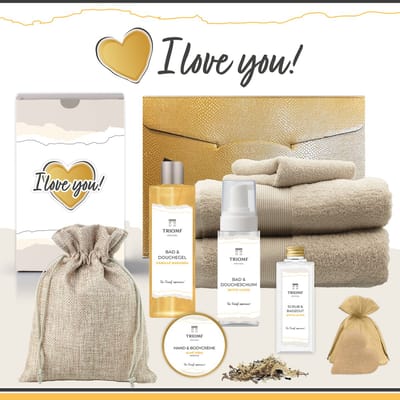 Geschenkset “I Love You!” - 9 producten - 1940 gram - Triomf Cosmetica | - Giftset voor haar Cadeau Valentijnsdag Luxe wellness cadeaubox Vrouw Ik hou van jou Cadeaupakket Kerst Geschenk Pakket Verjaardag Gift Valentijn Vriendin Geel Beige
