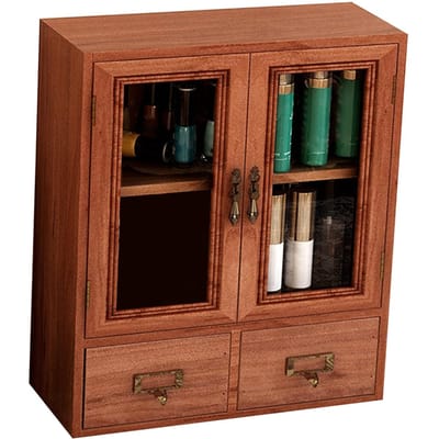 Houten bureaukastje met dubbele deur en lades, retro houten sieradendoosje met heldere nerf voor parfumflesjes. black