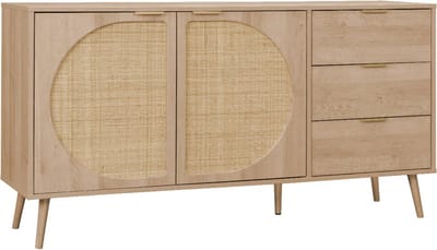 sweeek - Dressoir met 2 deuren 3 lades houtlook en rotan 150cm - eva