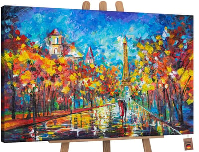 Canvas schilderij landschapsformaat handgeschilderd avond in Parijs Parijs nacht – YS-Art Gallery – Romantische wanddecoratie voor woonkamer – Modern schilderij voor slaapkamer en hal