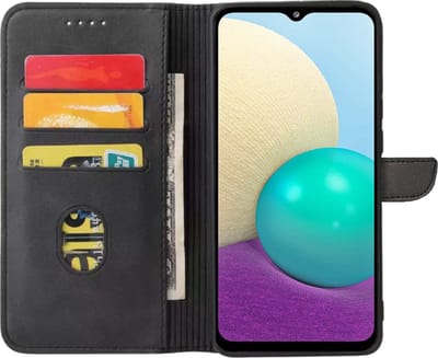 Geschikt voor Samsung Galaxy A02 Telefoonhoesje Kunstleer met Magnetisch lipje en Pasjeshouder Book Case met Klepje - Zwart - Smartphonica geschikt voor Samsung Galaxy A02