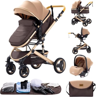 Luxe 3-in-1 Kinderwagen - Wandelwagen - Autostoeltje - Buggy - Inklapbaar - Beige/Bruin - 0-36 Maanden