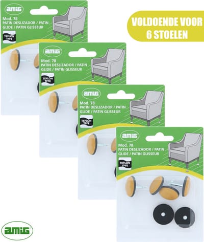AMIG – Teflon Meubelglijders – Stoelpootbeschermers – Ø22mm – met Spijker – PTFE – 24 stuks - Voor 6 Stoelen – Bruin