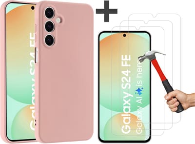 Hoesje geschikt voor Samsung Galaxy S24 FE hoesje zacht siliconen met 3 Stuks gehard glas Screenprotectors- Arara backcover - Zand