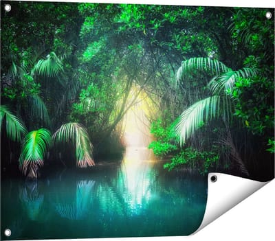 Gards Tuinposter Tropische Jungle met een Turquoise Meer - 80x60 cm - Tuindoek - Tuindecoratie - Wanddecoratie buiten - Tuinschilderij