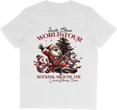 Grappig Kerst T Shirt - Kerstman Rocking Around The Christmas Tree - Wit - Maat S