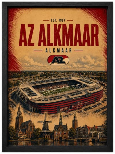 AZ Alkmaar Poster | AFAS Stadion Vintage Art Print | Retro Voetbal Poster | Inclusief Zwarte A4 Lijst