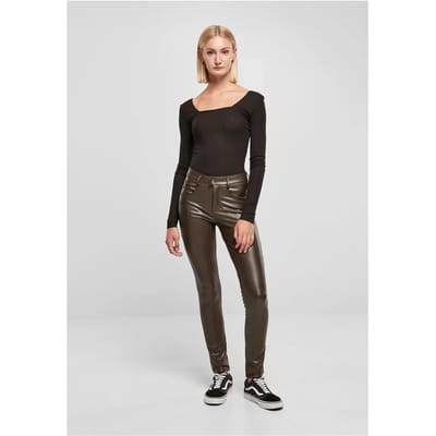 Urban Classics - Mid Waist Synthetic Leather Broek rechte pijpen - Taille, 27 inch - Bruin