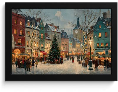 Poster in lijst - Fotolijst 30x20 cm - Posters - Kerstsfeer - Stadsplein - Kleurrijk - Posterlijst zwart - Decoratie - Wanddecoratie woonkamer - Muurdecoratie slaapkamer - Kerstversiering - Kerstdecoratie voor binnen - Kerstmis