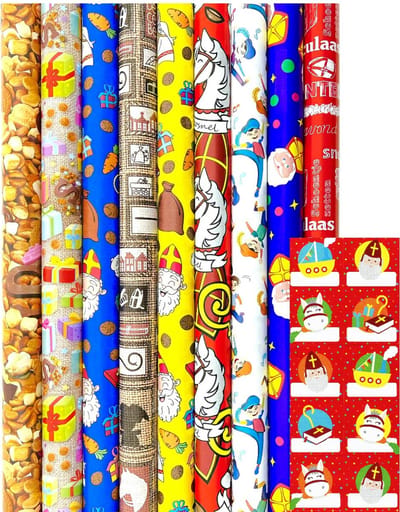 Sinterklaas Cadeaupapier - Assortiment Sinterklaaspapier Inpakpapier incl. 20 Naamstickers - 300 x 70 cm - 7 rollen