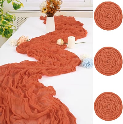 Tafelloper, 3 stuks, oranje, 90 x 300 cm, rustiek gaas, boho-tafelloper, kaasdoek, kaasdoek, kaasdoek, tafelloper, bruiloft, tafelkleed voor bruiloft, bruidsfeest, banket