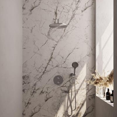 Brauer Brushed Edition thermostatische inbouw regendouche 3-weg rond SET 82 met 30 cm douchekop en gebogen muurarm en 3-standen handdouche en doucheslang en wandaansluitbocht RVS geborsteld PVD