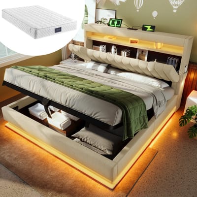 Tweepersoonsbed 160x200 cm - (Inclusief matras) - Gestoffeerd bed, met opbergruimte in het hoofdeinde, USB - en Type-C-aansluitingen, LED, hydraulische opbergruimte, lin, Beige