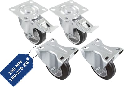 AMIG Meubelwielen 100mm Set van 4 Rem+Bok - 270kg Rubber Rollager Zwart