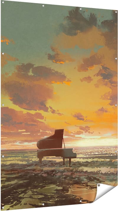 Gards Tuinposter Piano op het Strand bij Zonsondergang - 120x180 cm - Tuindoek - Tuindecoratie - Wanddecoratie buiten - Tuinschilderij