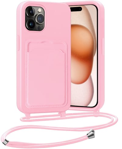 Hoesje Geschikt voor iPhone 14 Pro Hoesje Met Telefoonketting Pasjeshouder Case Koord - Hoesje Geschikt voor iPhone 14 Pro Hoes Met Kaarthouder - Lichtroze