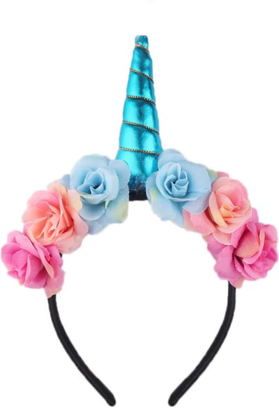 KIMU® Bloemen Eenhoorn Haarband Blauw - Unicorn Diadeem Blauwe Hoorn Glitter - Bloemetjes Roze Lichtroze Blauw Festival