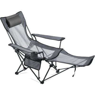 VEVOR opvouwbare campingstoel, relaxstoel met 4 verstelbare standen, comfortabele stoel met bekerhouder, strandstoel van mesh met hoofdsteun en voetensteun, draagvermogen 100 kg, voor kamperen in de buitenlucht, grijs