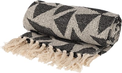 Jens Living Plaid Soof - Gerecycled Katoen - 130 X 180cm - Zwart - Decoratieve Woondeken met Patroon en Kwastjes