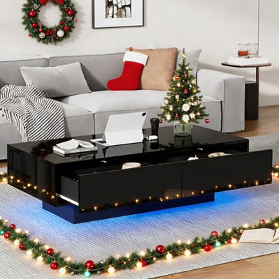 REDOM Salontafel 115x55x34 cm van spaanplaat, hoogglans zwart met LED-verlichting en 2 lades, modern design