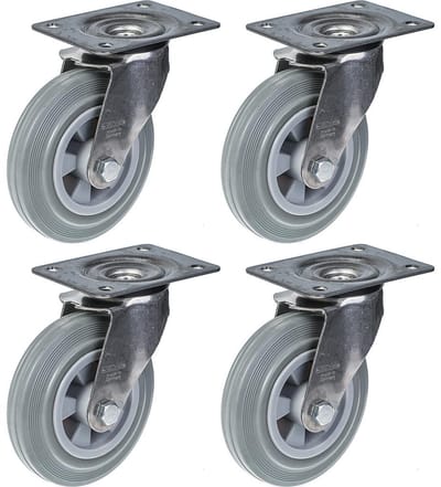 160 mm (6") roestvrijstalen zwenkwiel met grijs rubber, draaibaar, 540 kg, set van 4