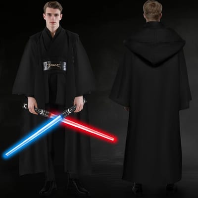 Lichte zwarte Jedi-robe set voor mannen, ideaal voor cosplay, Halloween en themafeesten met capuchon en kostuumaccessoires