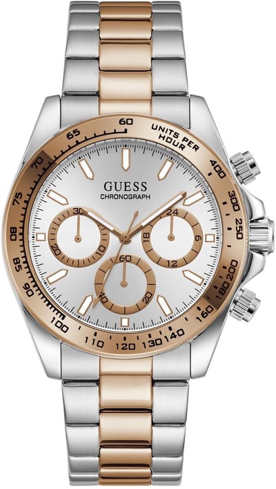 Guess Arthur Quartz Chronograaf Horloge Zilverkleurig En Roségoudkleurig Kast Gemaakt Van 100% Roestvrij Staal En Een Armband Van 100% Roestvrij Staal 42 GW1058G1, GW1058G2, GW1058G6, GW1058G7