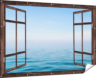 Gards Tuinposter Doorkijk Zee met een Blauw Hemel Achtergrond - 180x120 cm - Tuindoek - Tuindecoratie - Wanddecoratie buiten - Tuinschilderij