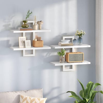 HOMESY Zwevende wandplanken, 2-laags zwevende planken, set van 2, hangende badkamerplanken, 38 cm wandplanken, voor woonkamer, slaapkamer, keuken, wit