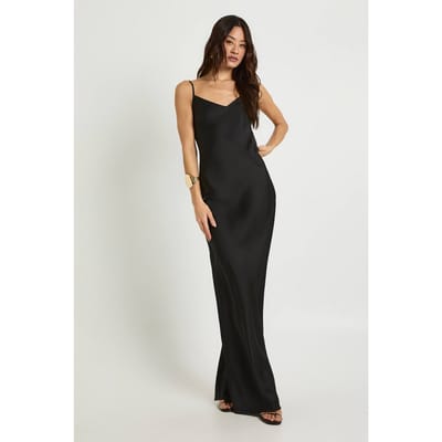 boohoo Dames Lange satijnen slip column maxi-jurk | Zwart | Maat: 34