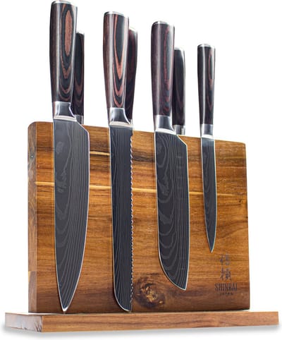 Shinrai Knives Messenset met Blok - 7 Delige Messenset - Messen met Damascus Print - Magnetisch Messenblok Dubbelzijdig - Met Luxe Geschenkdoos - Messenhouder - Keukenmes - Koksmes