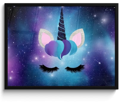 Poster in lijst - Fotolijst 80x60 cm - Posters - Eenhoorn - Sterren - Magisch - Blauw - Posterlijst zwart - Decoratie - Wanddecoratie woonkamer - Muurdecoratie slaapkamer