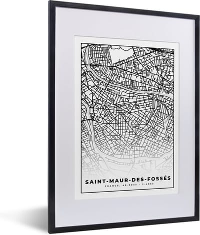 Fotolijst incl. Poster Zwart Wit- Frankrijk - Kaart - Plattegrond - Stadskaart - Saint-Maur-des-Fossés - Zwart wit - 30x40 cm - Posterlijst