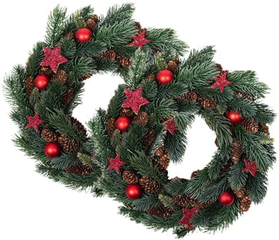 HI Kerstkrans - 2x - gedecoreerd - D34 x 8 cm - rood - dennenappels - kunststof - kerstdecoratie - kerstversiering