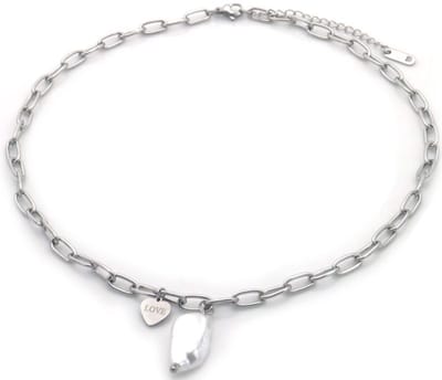 Ketting met Bedel - Zilverkleurig - Parel en Hartje Love - RVS - Stainless Steel – valentijn – cadeau