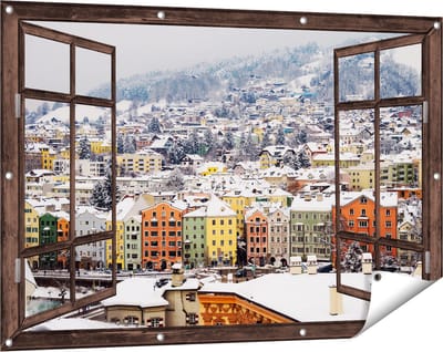 Gards Tuinposter Doorkijk Gekleurde Huisjes met Sneeuw in Oostenrijk - 120x80 cm - Tuindoek - Tuindecoratie - Wanddecoratie buiten - Tuinschilderij