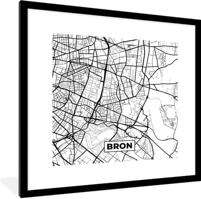 Fotolijst incl. Poster Zwart Wit- Bron - Stadskaart - Plattegrond - Kaart - Frankrijk - Zwart wit - 40x40 cm - Posterlijst