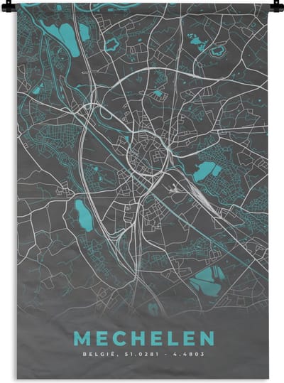 Wandkleed - Wanddoek - België – Mechelen – Stadskaart – Kaart – Blauw – Plattegrond - 120x180 cm - Wandtapijt
