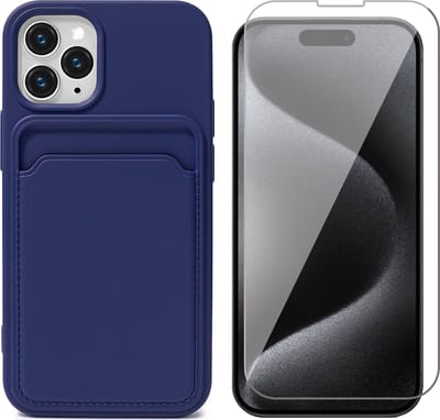 Hoesje Pasjeshouder geschikt voor iPhone 15 Pro - Screenprotector GlassGuard - Siliconen Case Back Cover Blauw & Screen Protector