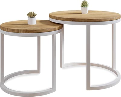 Set van 2 Ronde Salontafels in Massief Eikenhout en Roestvrij Staal – Modern Industrieel Design – Ø50x43 cm / Ø40x38 cm