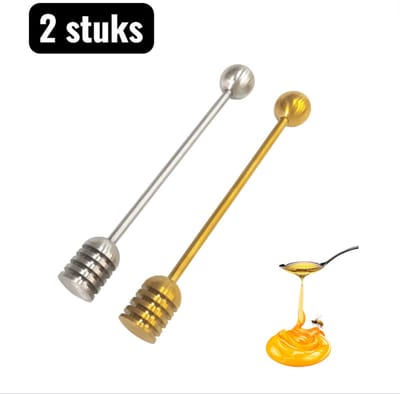 2 stuks - Honinglepels - 304 RVS Honinglepel met Ronde Knop - Lange Rechte Roerstok voor Honingpot， Dijker en Spreider， Elegant Keukengerei voor Thee en Ontbijt - Zilver en goud