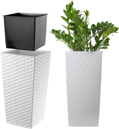 KADAX Bloempot, bloembak van kunststof, plantenbak voor bloemen, binnen en buiten, tuin, balkon, terras, huis, weerbestendig, imitatie rotan (36 cm hoog, wit rotan)