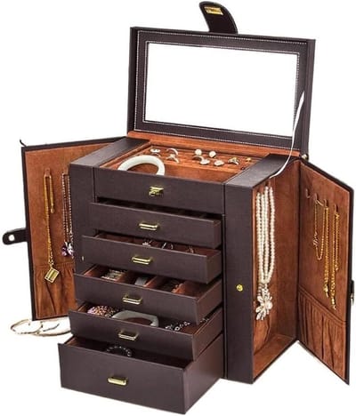 Juwelendoos Grote Opberger - Sieradenkistje Organizer - Sieraden Georganiseerd Houden - Met Ingebouwd Spiegel - 30x17x33cm - A