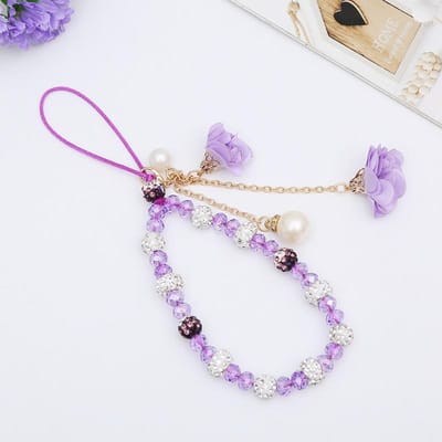 Chaîne à fleurs scintillantes pour téléphone portable, lanière de poignet, chaîne à main pour femmes, étui de téléphone portable court Anti-perte, lanière mignonne pour stylo clé violet
