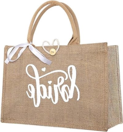 Jute Tote Bag voor Bruiden met Witte Schouderband - Perfecte Handtas voor Huwelijk, Bruidsdouche en Vrijgezellenfeest Accessoires