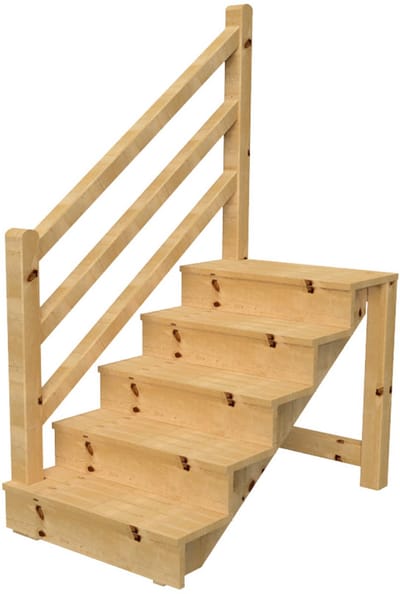 Vrijstaande buitentrap met trapleuning hout Links - palen ronde kop - H 5-treden 88cm B 120cm