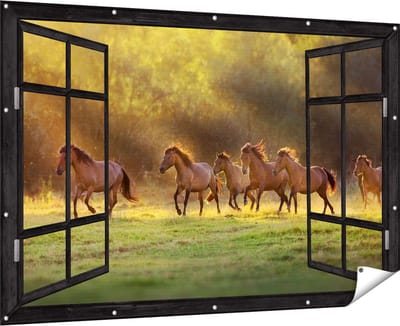 Gards Tuinposter Doorkijk Kudde Bruine Paarden in de Wei - 180x120 cm - Tuindoek - Tuindecoratie - Wanddecoratie buiten - Tuinschilderij