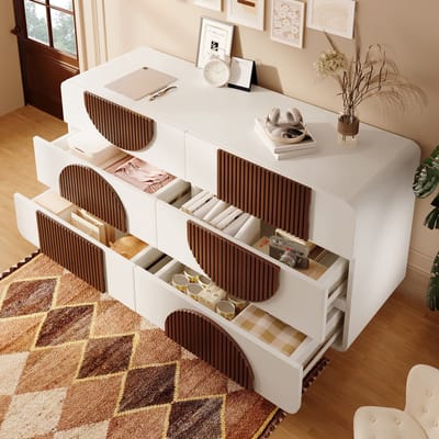 Dressoir met 6 gebogen laden - witte zijtafel met chocoladekleurige houten strepen - stille schuifladen en kantelbeveiliging